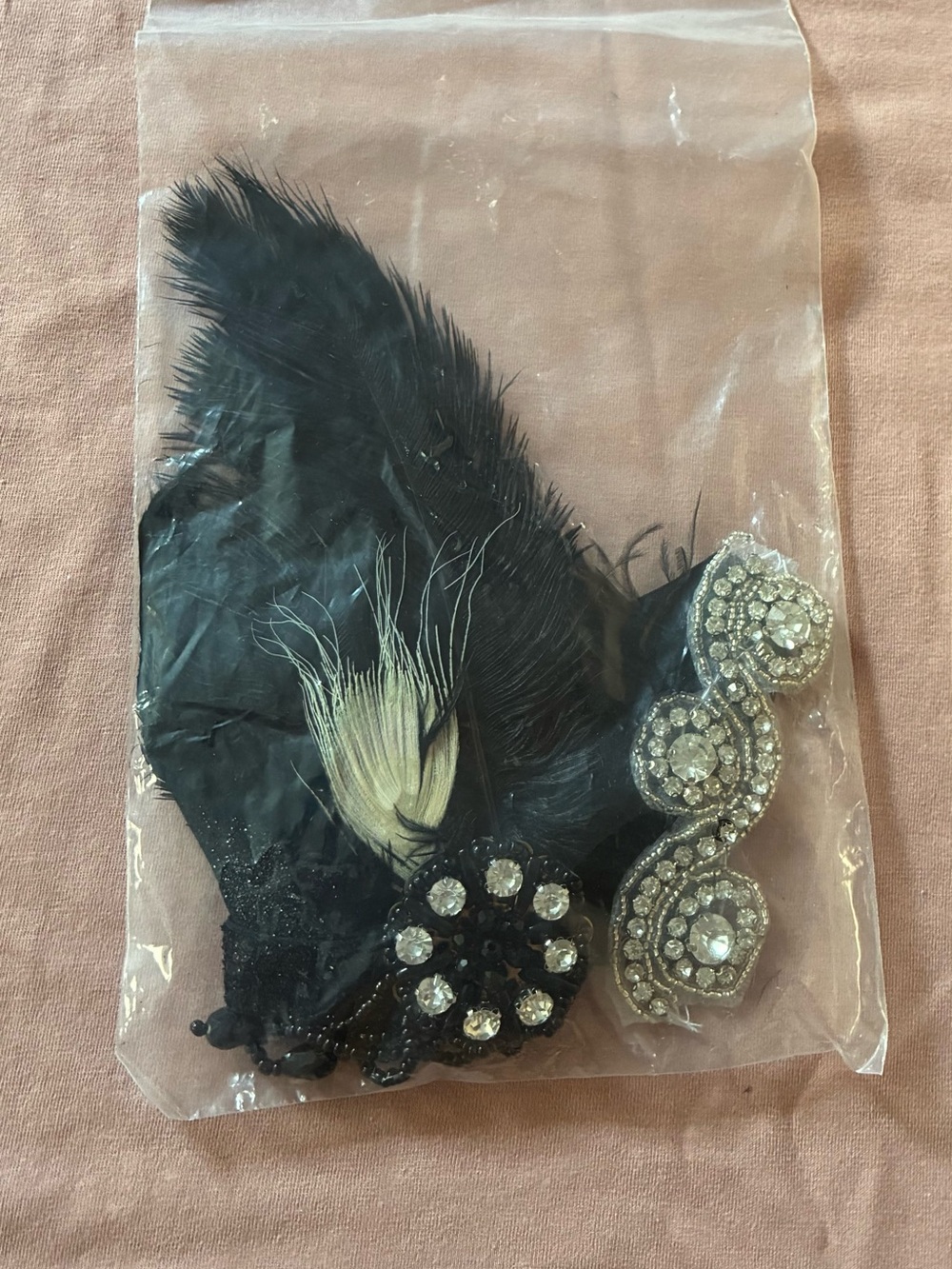 Lot of 3 Flappers-Style Black Feather and Rhinestone Hair Accessory